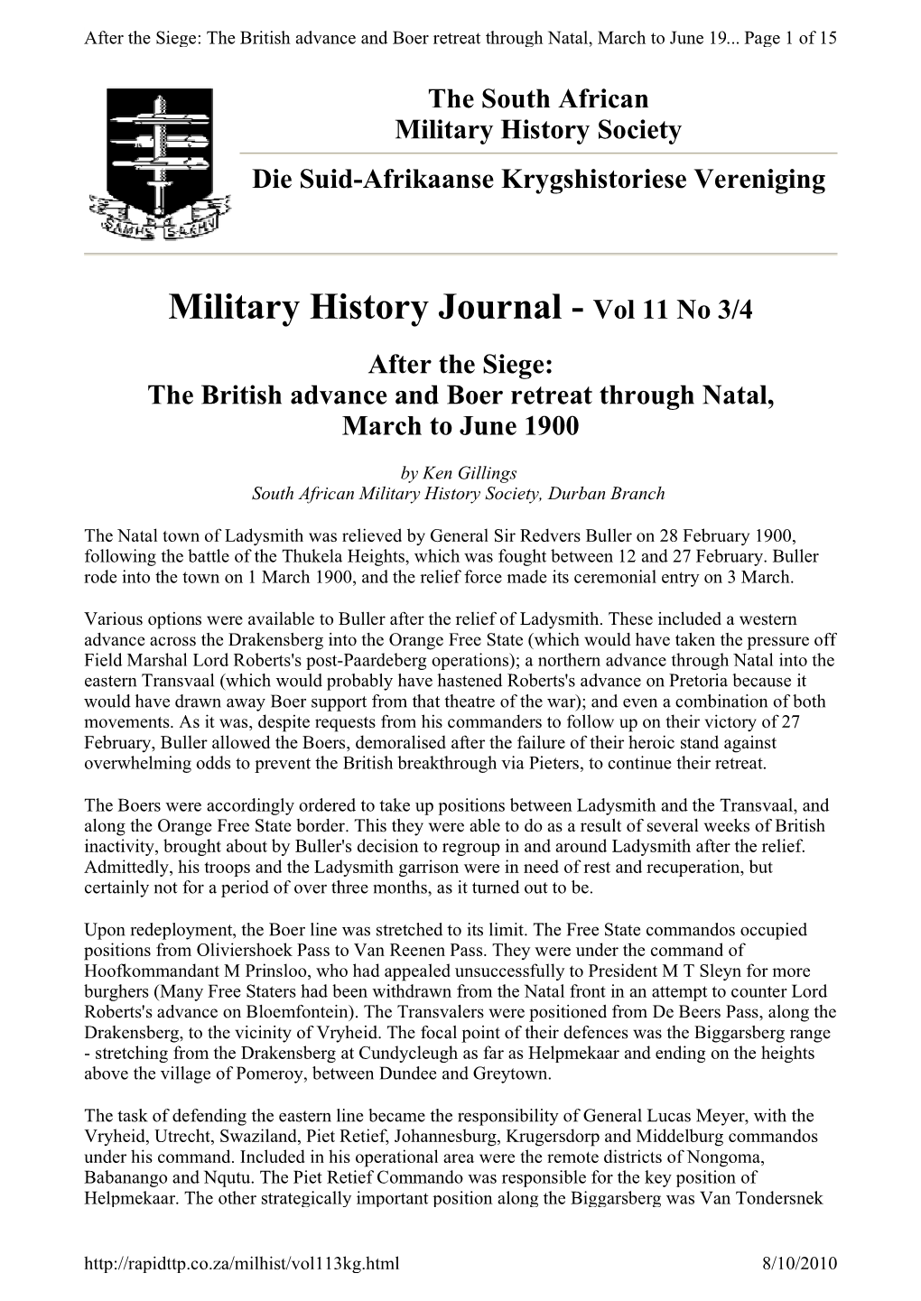 Military History Journal - Vol 11 No 3/4 After the Siege: the British Advance and Boer Retreat Through Natal, March to June 1900