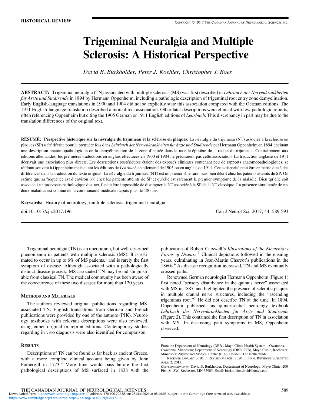 Trigeminal Neuralgia and Multiple Sclerosis: a Historical Perspective