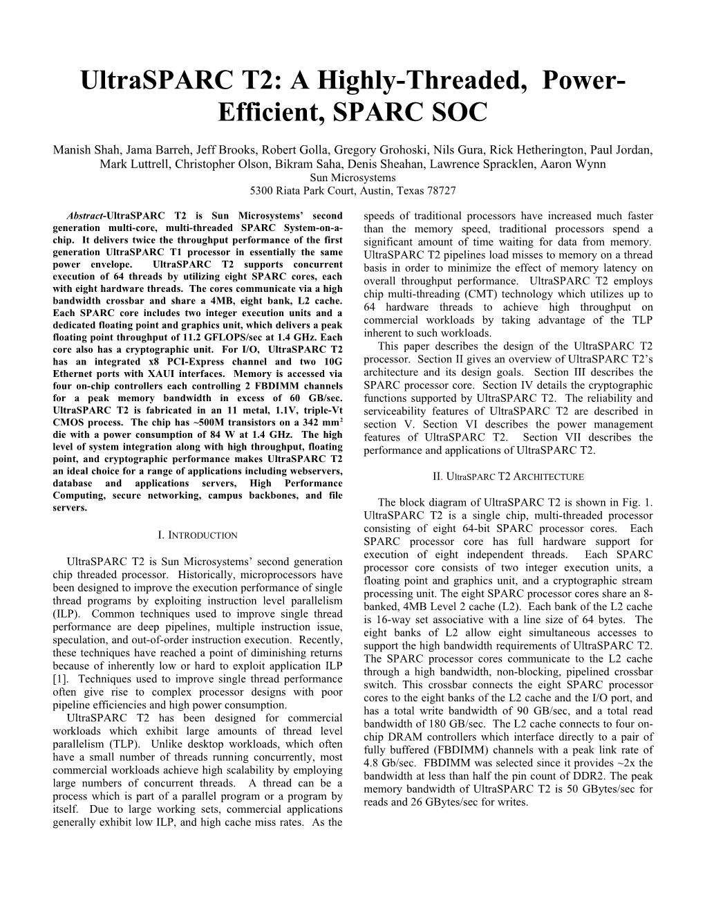 Ultrasparc T2: a Highly-Threaded Power-Efficient, SPARC