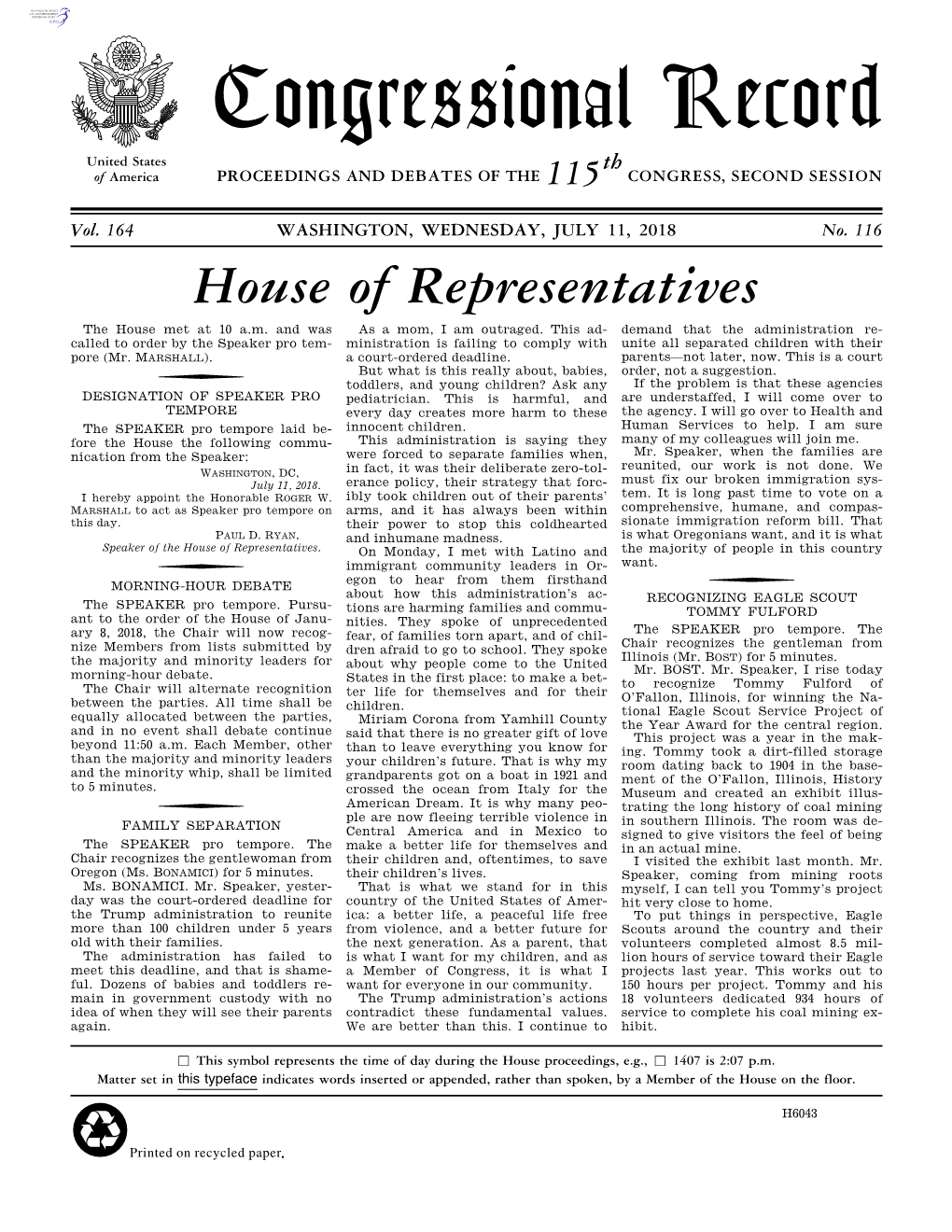 Congressional Record United States Th of America PROCEEDINGS and DEBATES of the 115 CONGRESS, SECOND SESSION