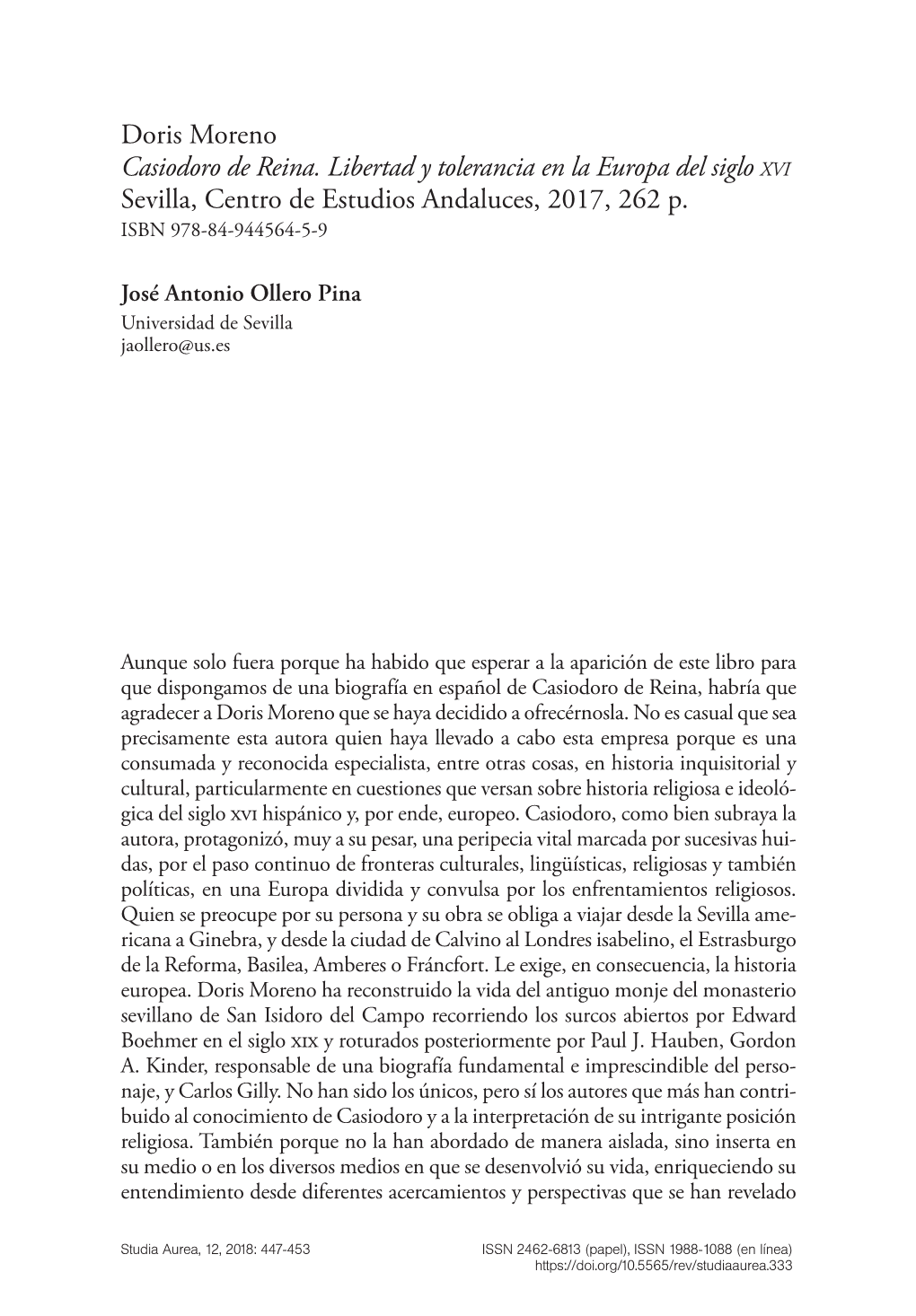 Doris Moreno. Casiodoro De Reina. Libertad Y Tolerancia En La Europa Del Siglo Xvi 449