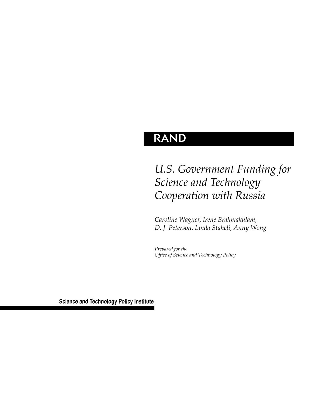 U.S. Government Funding for Science and Technology Cooperation with Russia