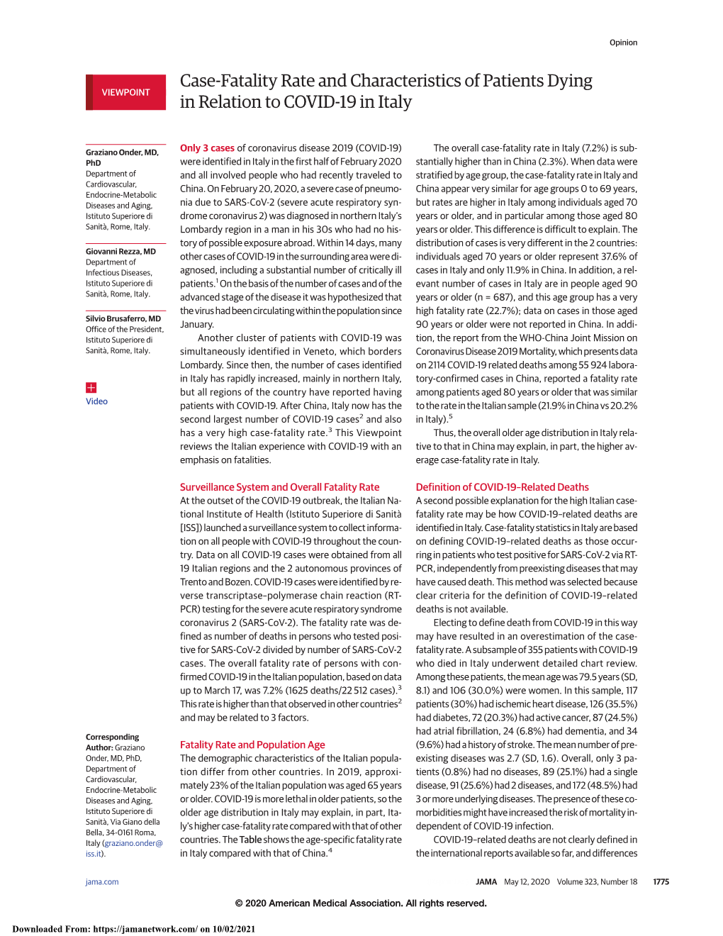 Case-Fatality Rate and Characteristics of Patients Dying in Relation To