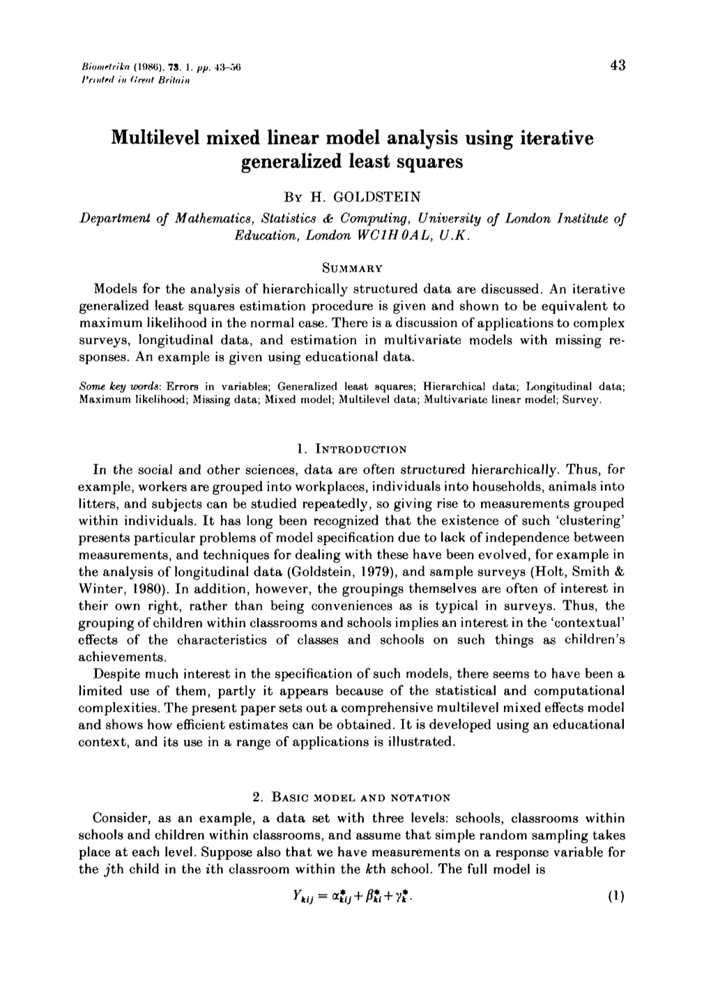 Multilevel Mixed Linear Model Analysis Using Iterative Generalized Least Squares