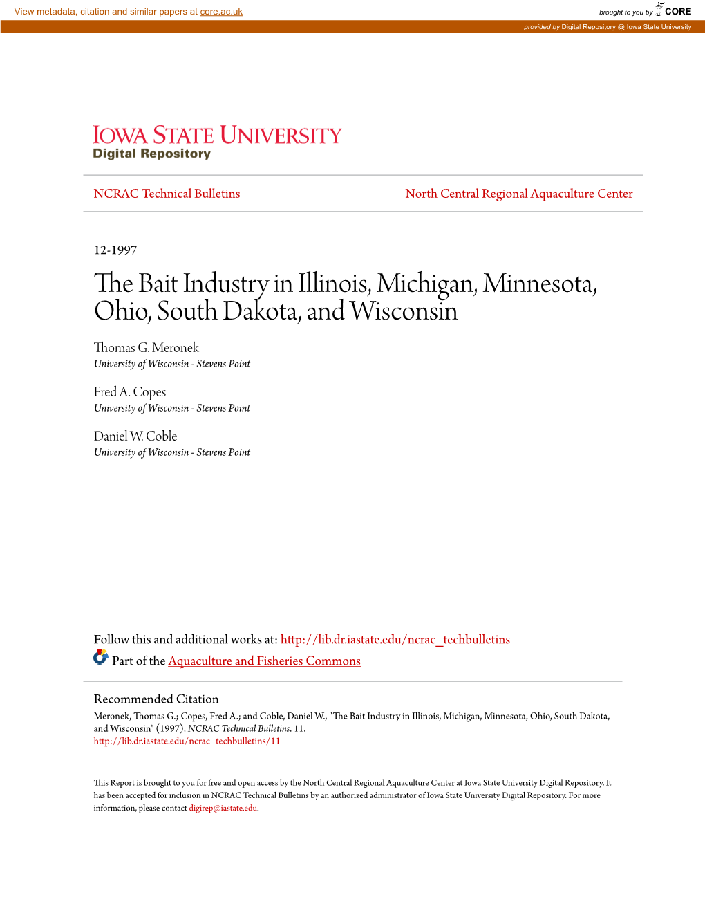 The Bait Industry in Illinois, Michigan, Minnesota, Ohio, South Dakota, and Wisconsin