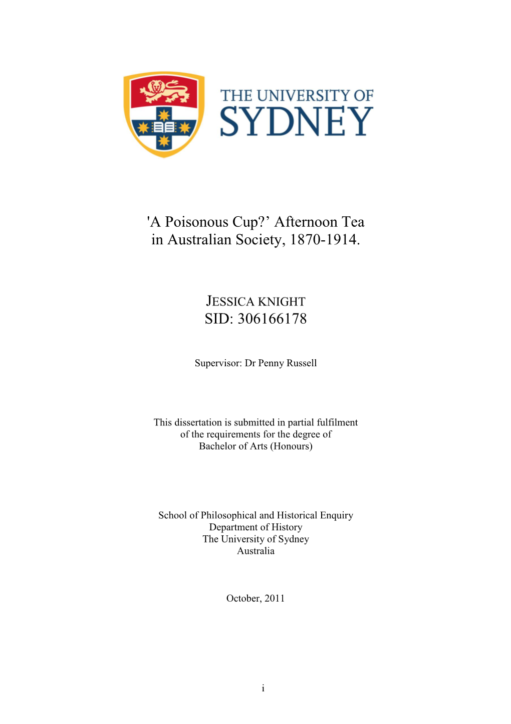 Poisonous Cup?‟ Afternoon Tea in Australian Society, 1870-1914