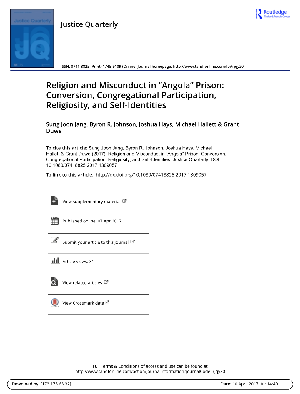 Religion and Misconduct in “Angola” Prison: Conversion, Congregational Participation, Religiosity, and Self-Identities