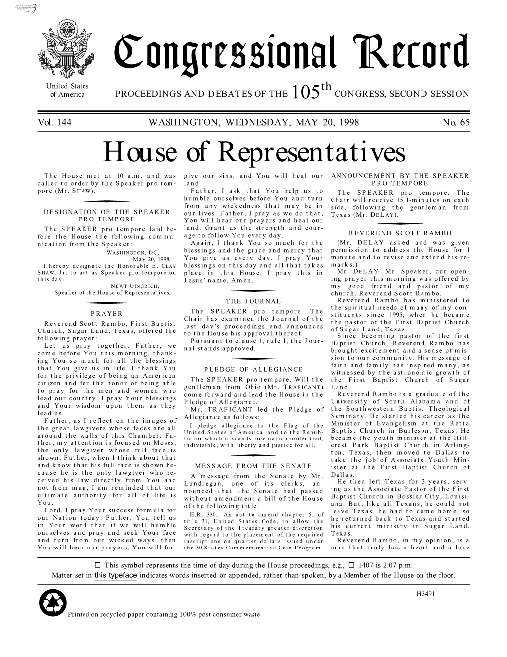 Congressional Record United States Th of America PROCEEDINGS and DEBATES of the 105 CONGRESS, SECOND SESSION