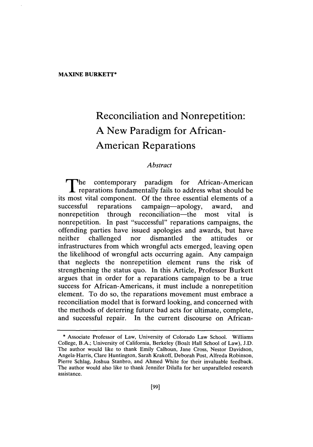 Reconciliation and Nonrepetition: a New Paradigm for African- American Reparations