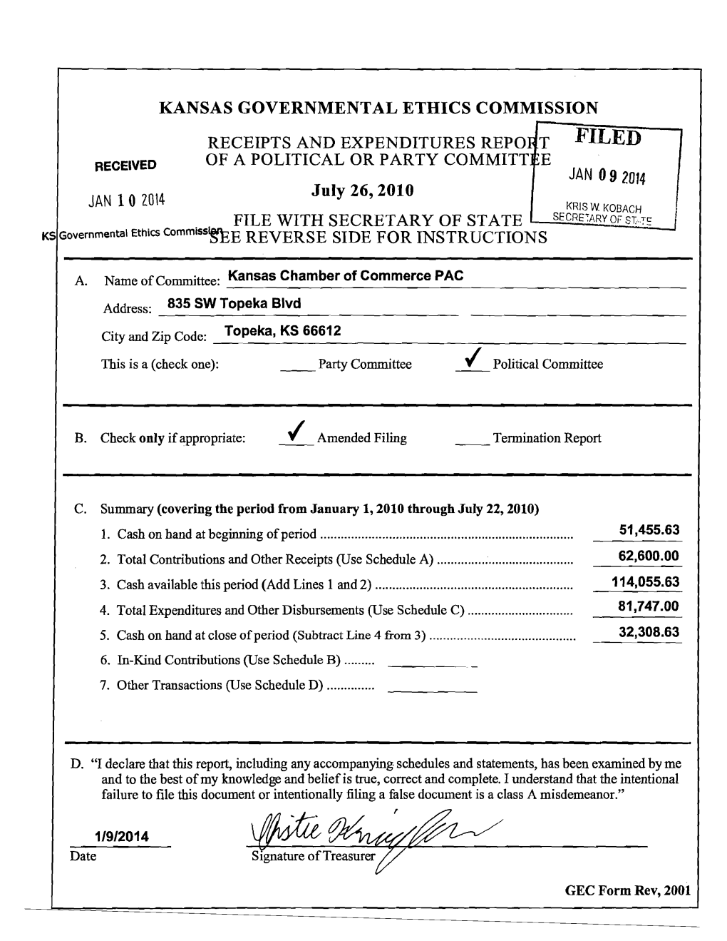 Kansas Governmental Ethics Commission Receipts And