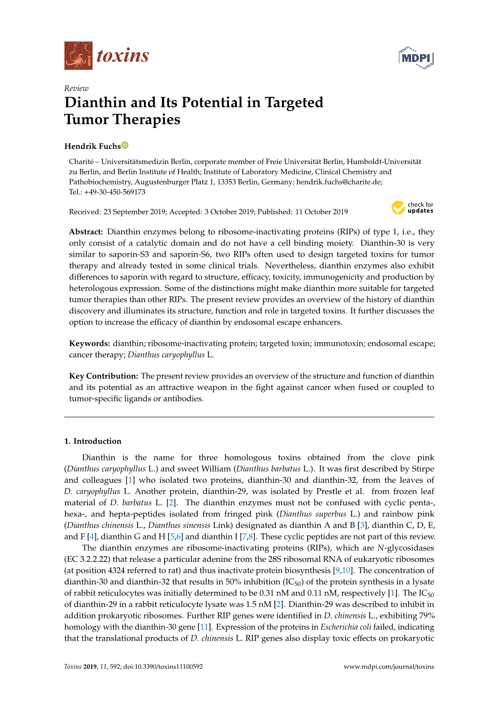 Dianthin and Its Potential in Targeted Tumor Therapies