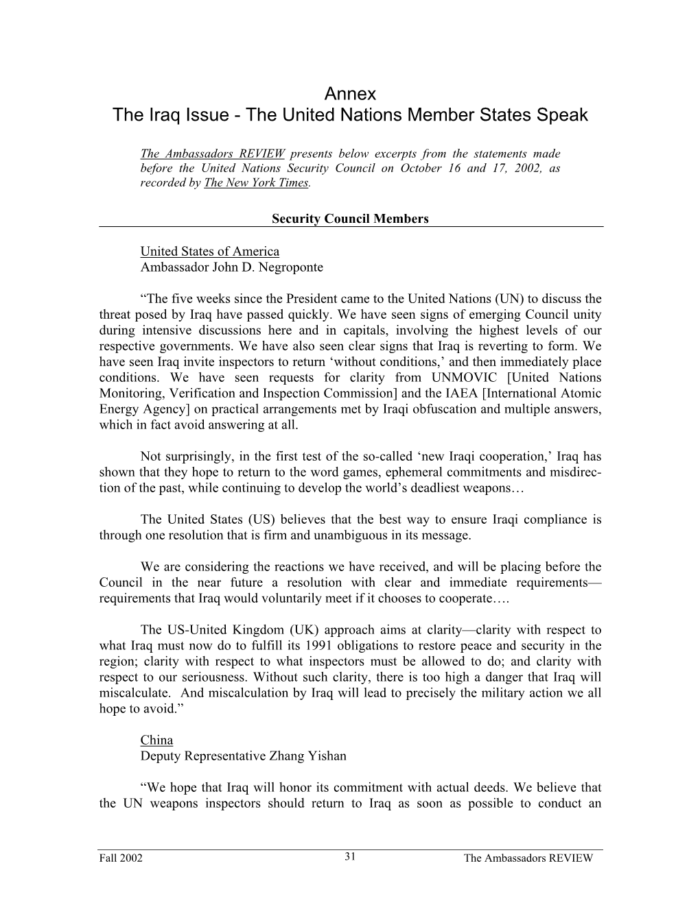 Annex the Iraq Issue - the United Nations Member States Speak
