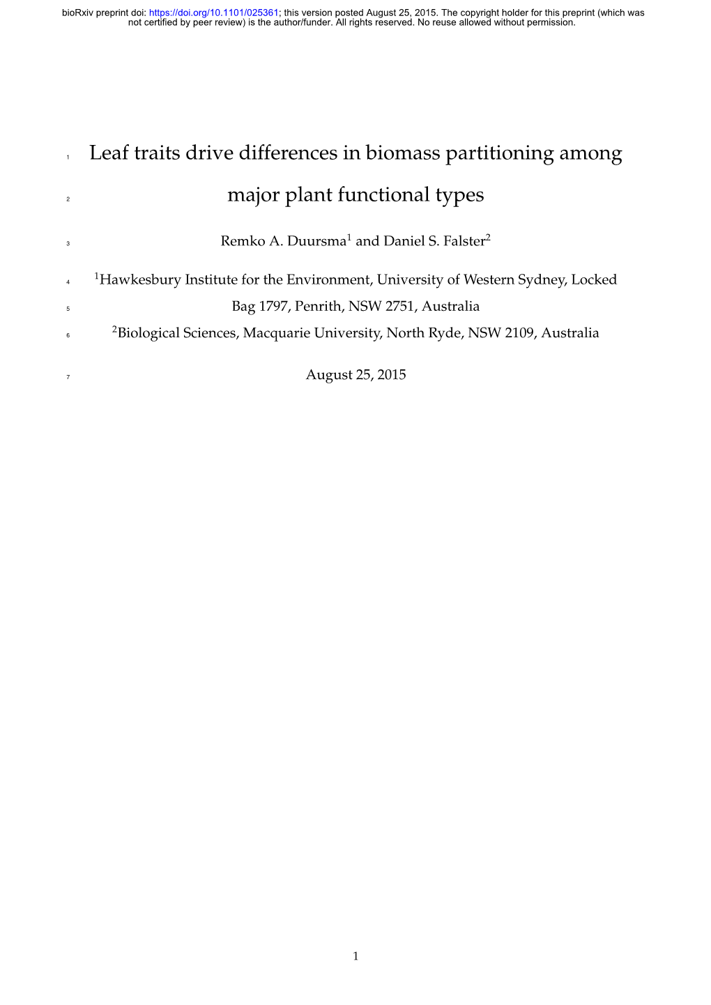 Leaf Traits Drive Differences in Biomass Partitioning Among Major Plant Functional Types