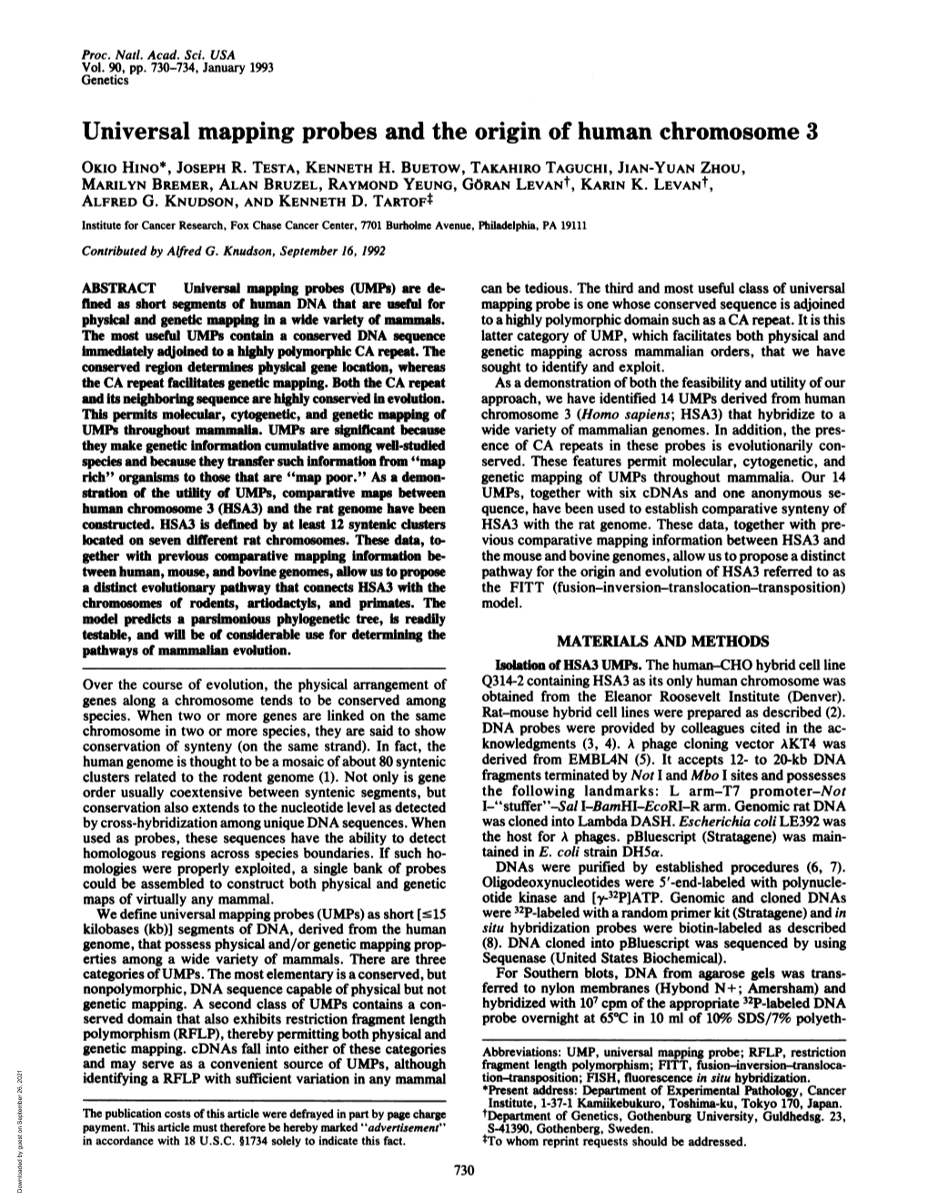 Universal Mapping Probes and the Origin of Human Chromosome 3 Okio HINO*, JOSEPH R