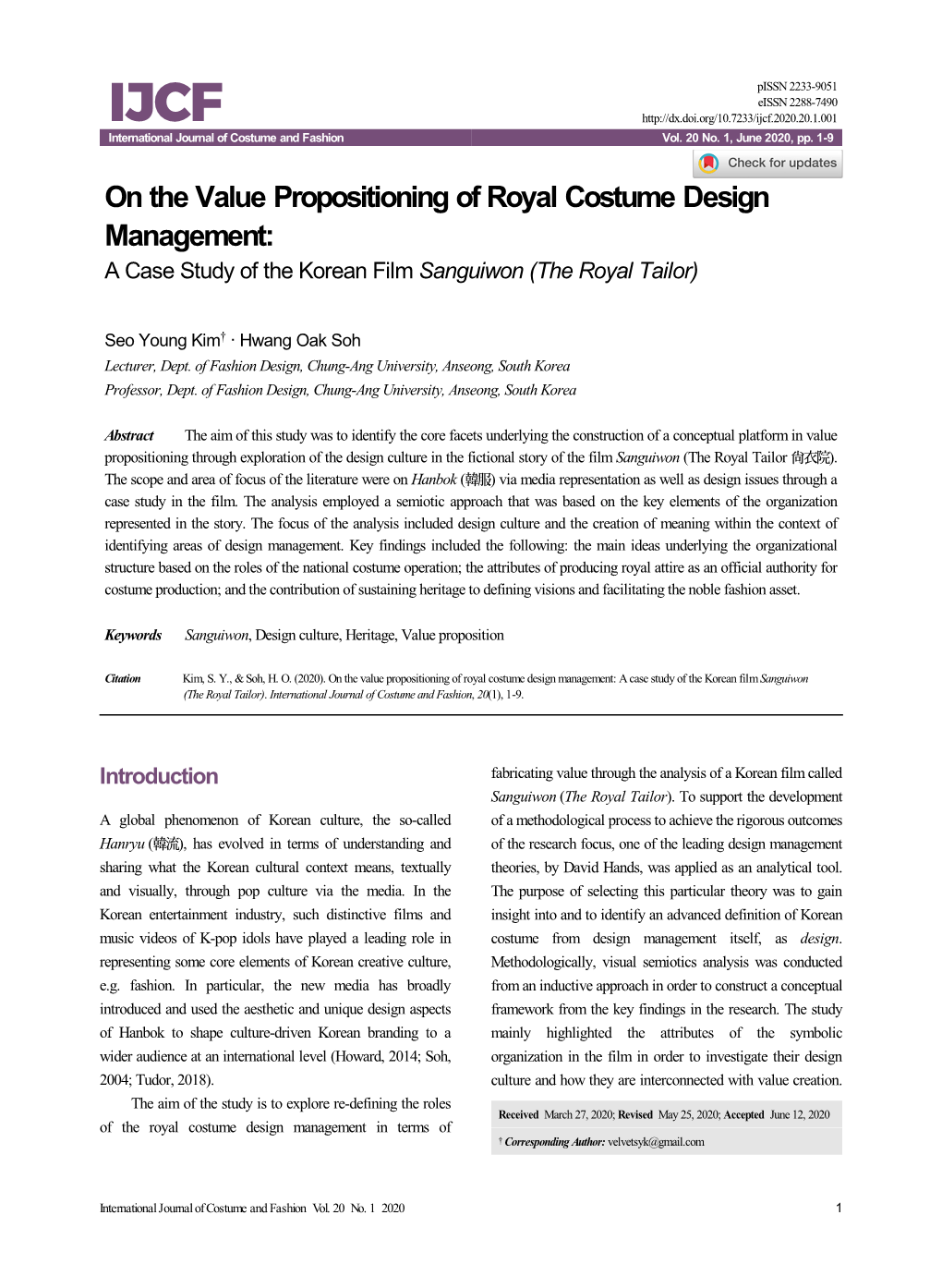 On the Value Propositioning of Royal Costume Design Management: a Case Study of the Korean Film Sanguiwon (The Royal Tailor)