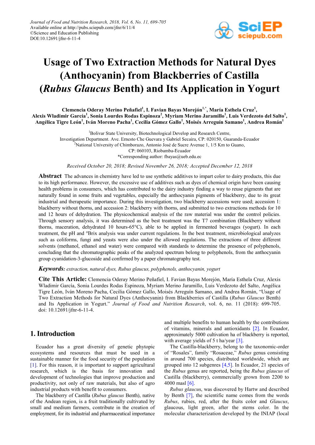 Usage of Two Extraction Methods for Natural Dyes (Anthocyanin) from Blackberries of Castilla (Rubus Glaucus Benth) and Its Application in Yogurt
