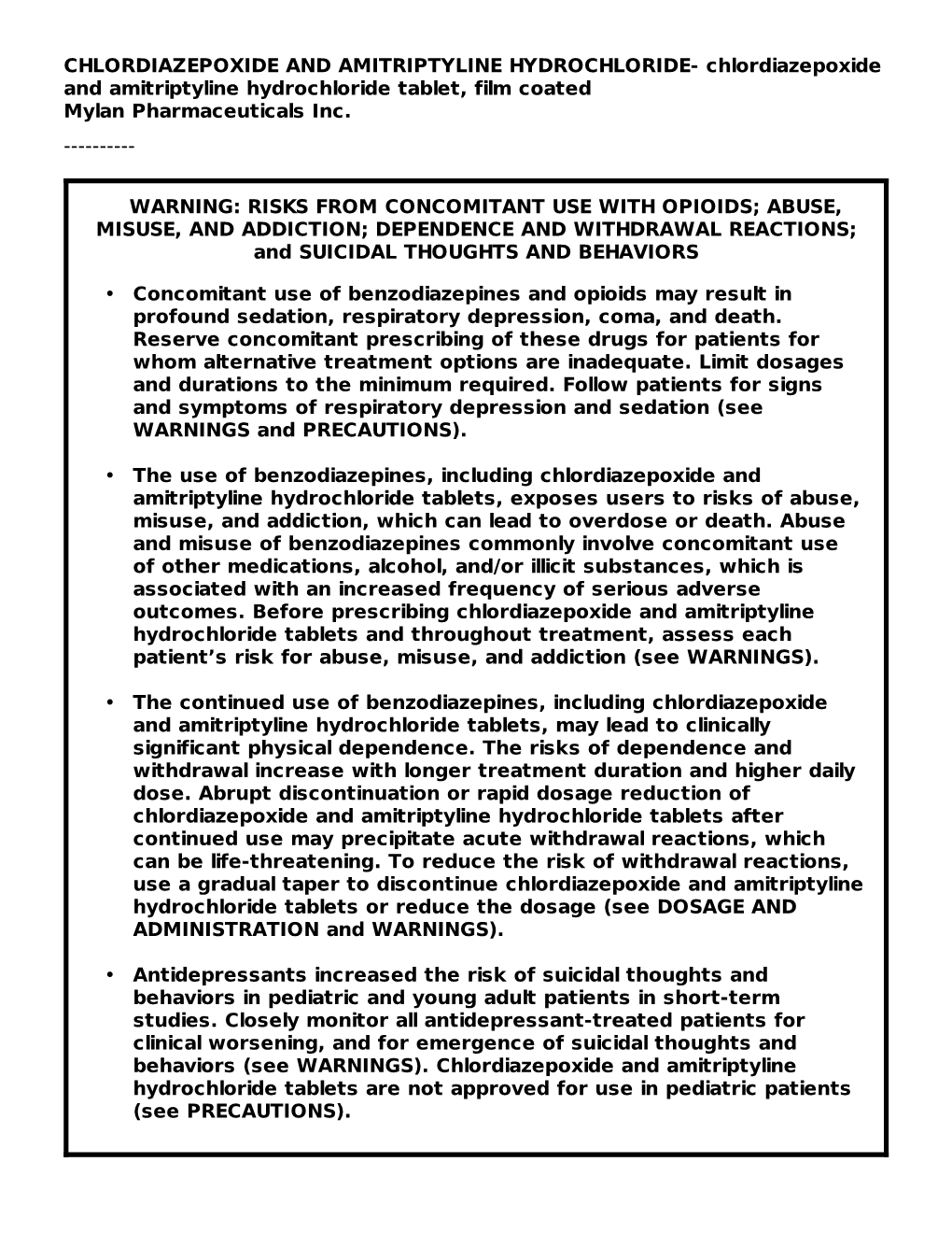 CHLORDIAZEPOXIDE and AMITRIPTYLINE HYDROCHLORIDE- Chlordiazepoxide and Amitriptyline Hydrochloride Tablet, Film Coated Mylan Pharmaceuticals Inc