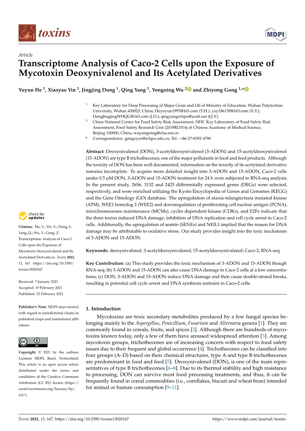 Transcriptome Analysis of Caco-2 Cells Upon the Exposure of Mycotoxin Deoxynivalenol and Its Acetylated Derivatives