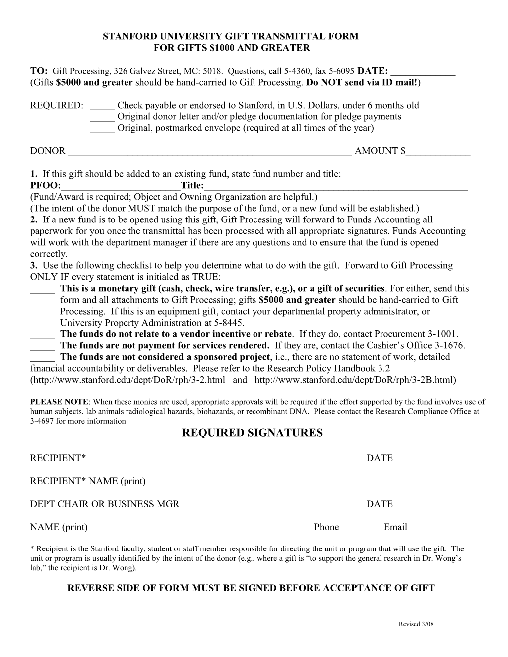 Stanford University Gift Transmittal Form