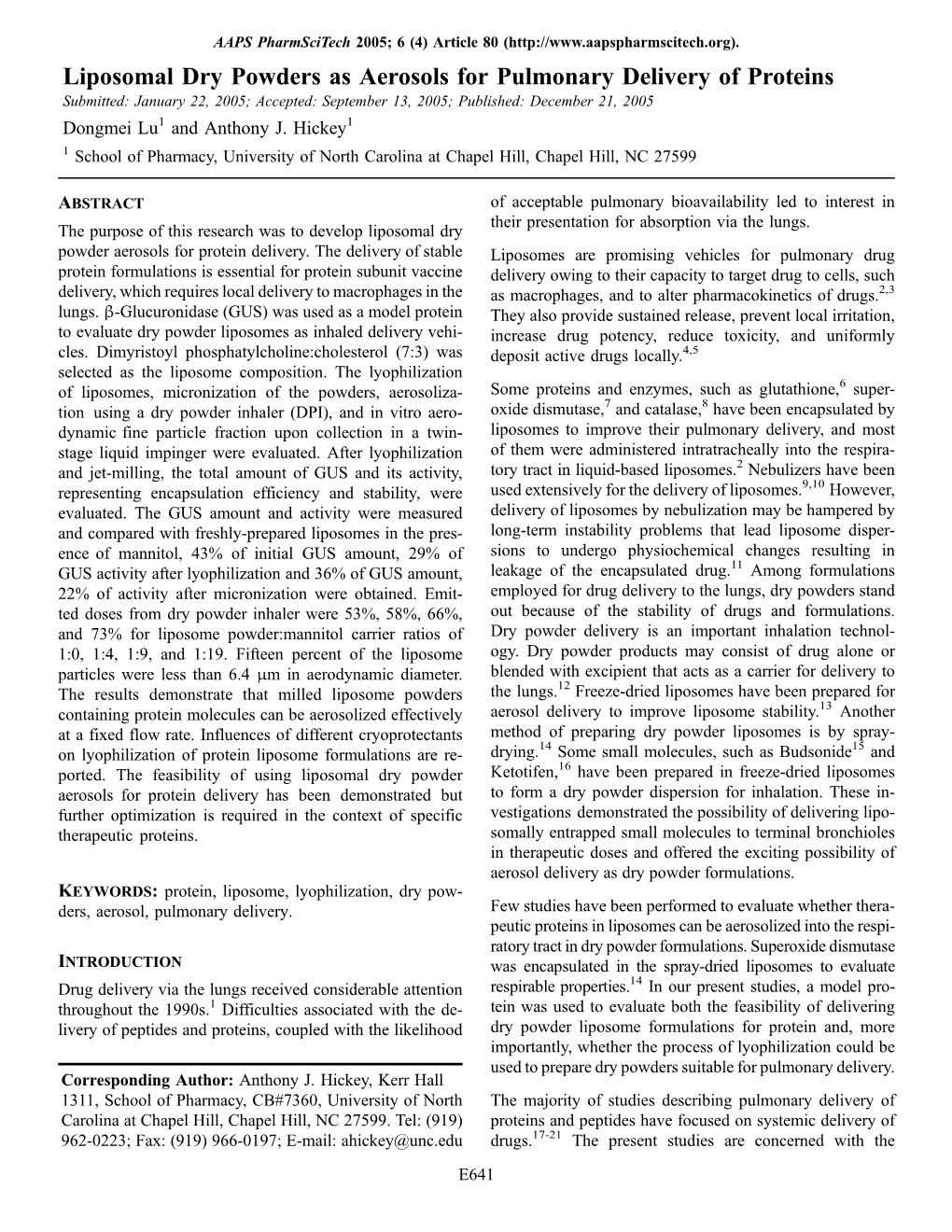 Liposomal Dry Powders As Aerosols for Pulmonary Delivery of Proteins