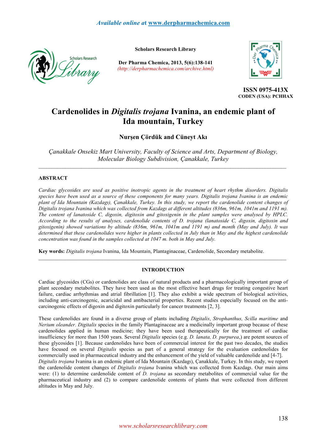 Cardenolides in Digitalis Trojana Ivanina, an Endemic Plant of Ida Mountain, Turkey