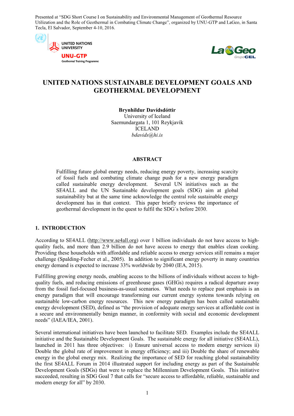 United Nations Sustainable Development Goals and Geothermal Development