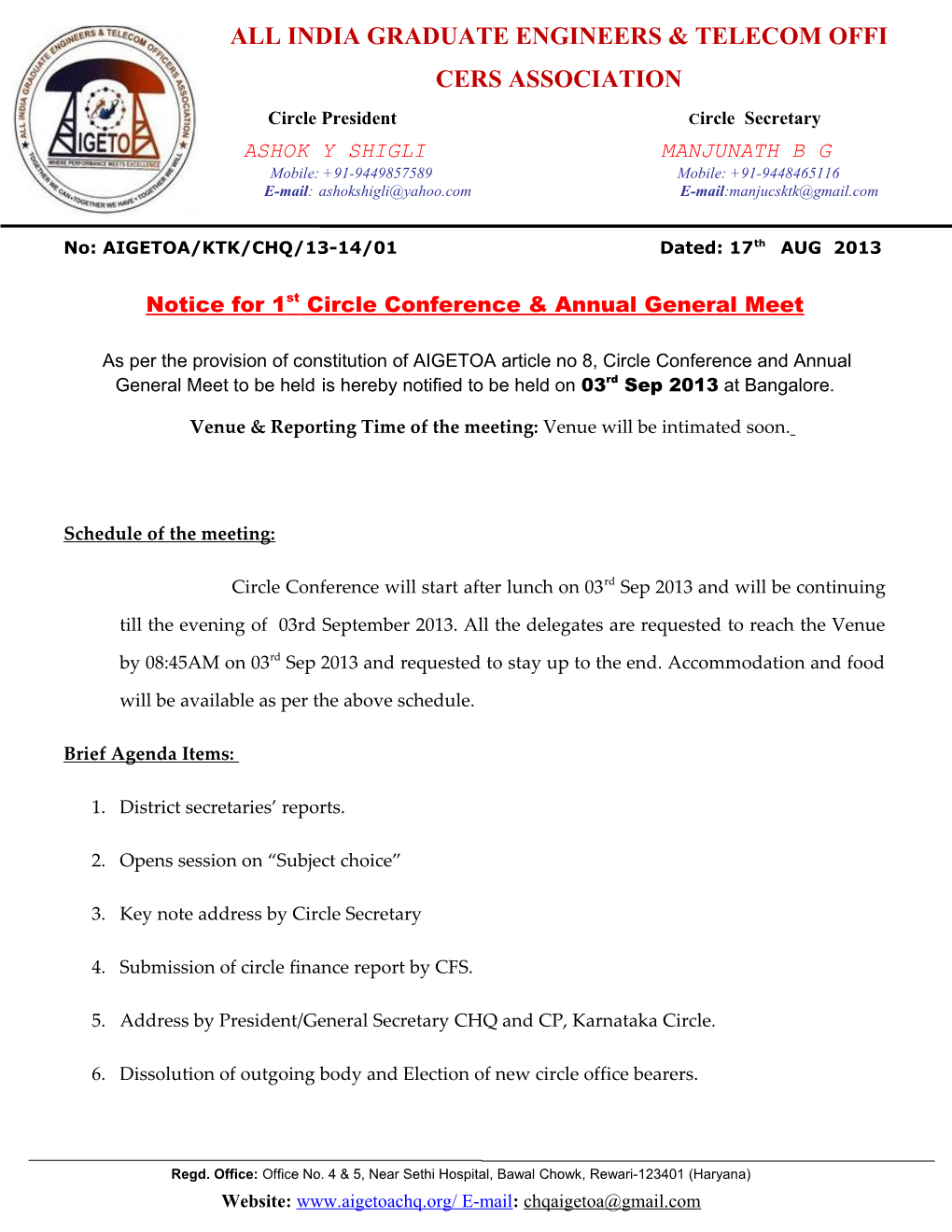 Notice for 1St Circle Conference & Annual General Meet