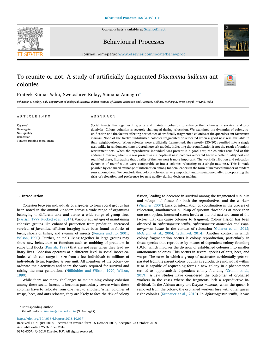 To Reunite Or Not a Study of Artificially Fragmented Diacamma Indicum Ant