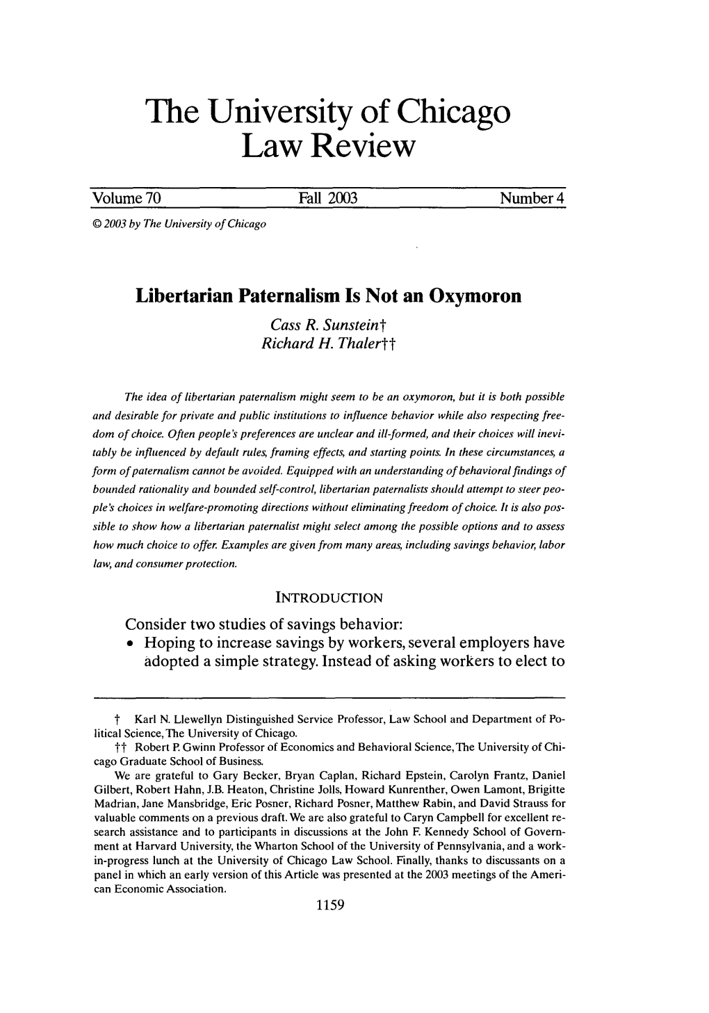 Libertarian Paternalism Is Not an Oxymoron Cass R