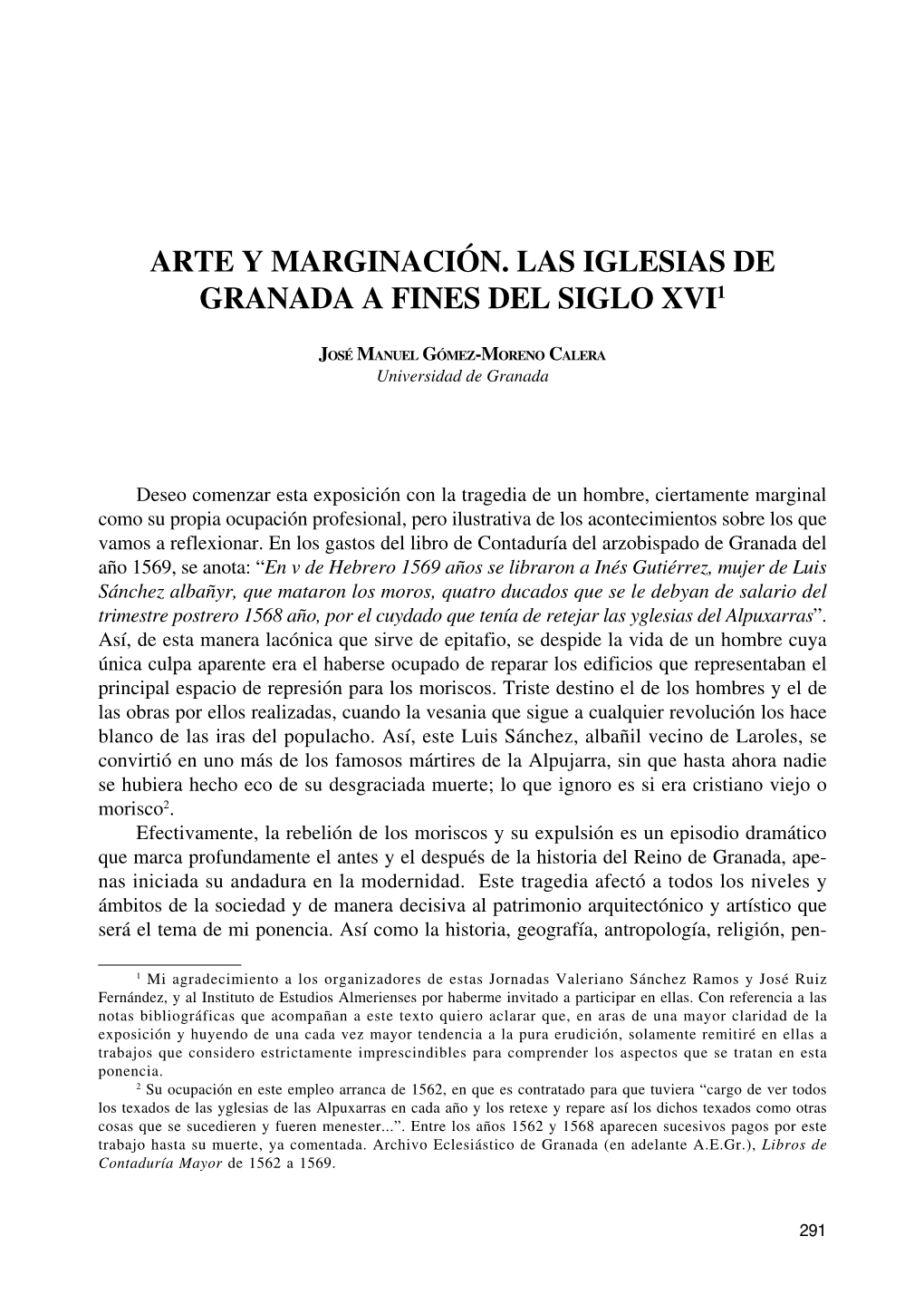 Arte Y Marginación. Las Iglesias De Granada a Fines Del Siglo Xvi1