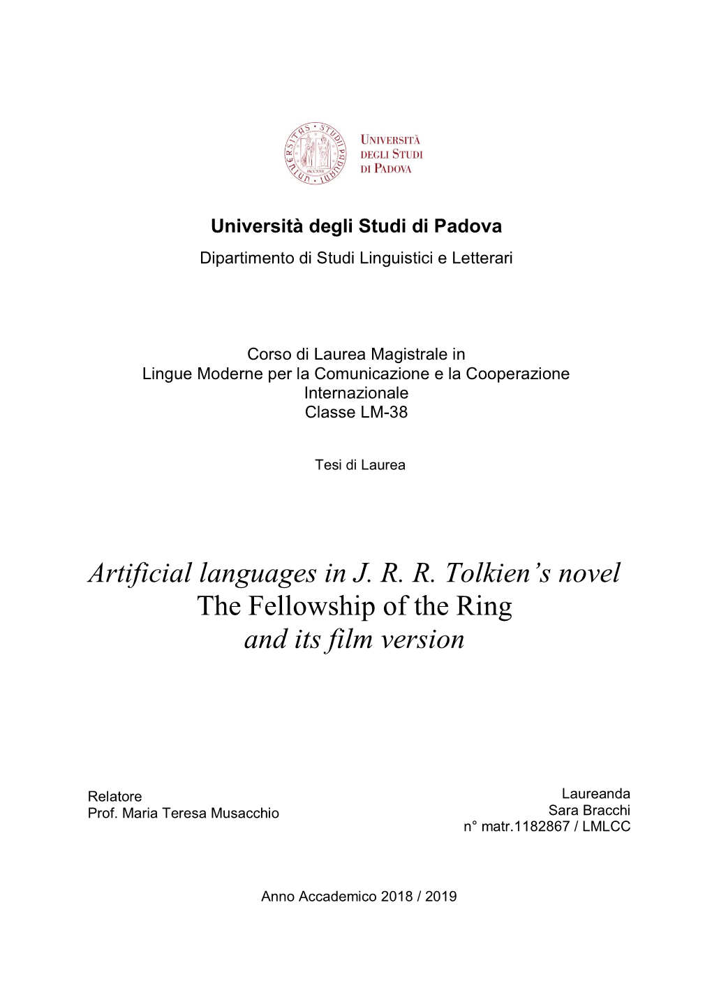 Artificial Languages in J. R. R. Tolkien's Novel the Fellowship Of