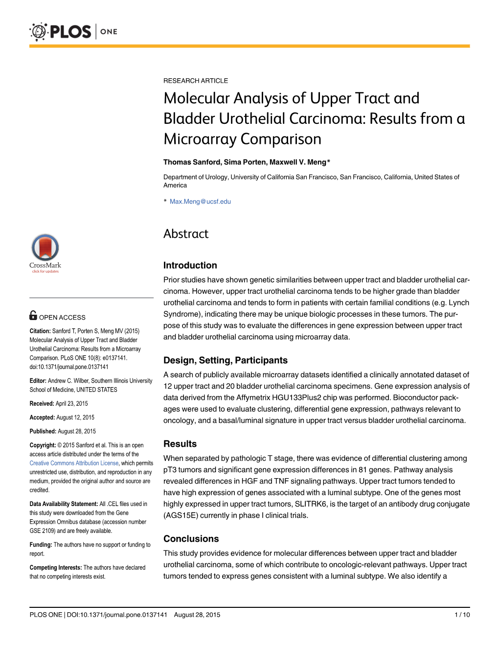 Molecular Analysis of Upper Tract and Bladder Urothelial Carcinoma: Results from a Microarray Comparison