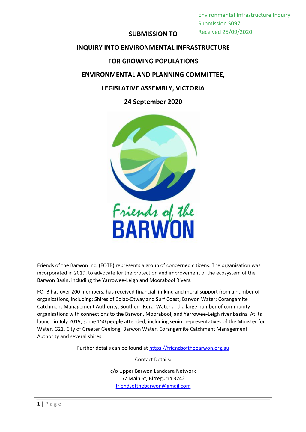 Submission to Inquiry Into Environmental Infrastructure for Growing Populations Environmental and Planning Committee, Legislat