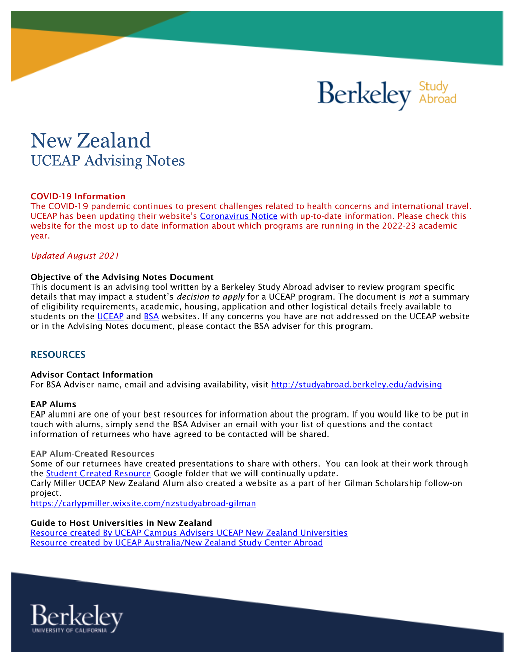 New Zealand UCEAP Advising Notes