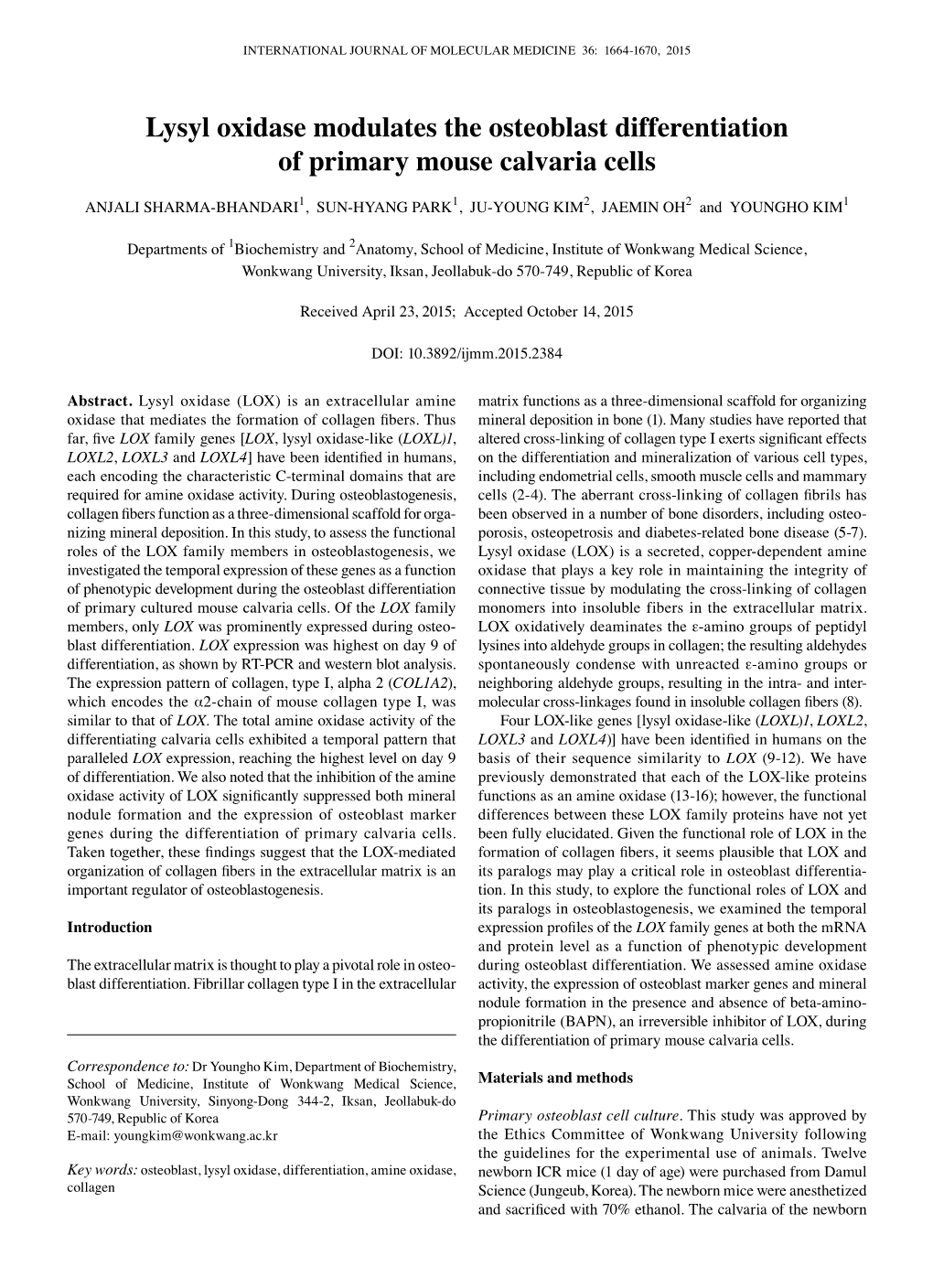 Lysyl Oxidase Modulates the Osteoblast Differentiation of Primary Mouse Calvaria Cells