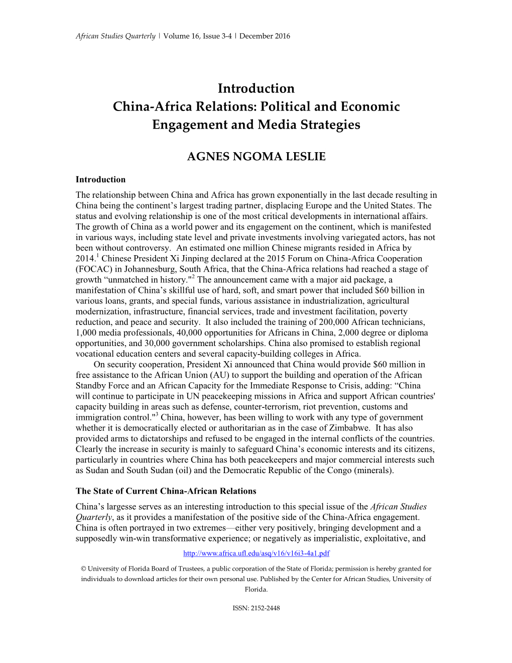 Introduction China-Africa Relations: Political and Economic Engagement and Media Strategies