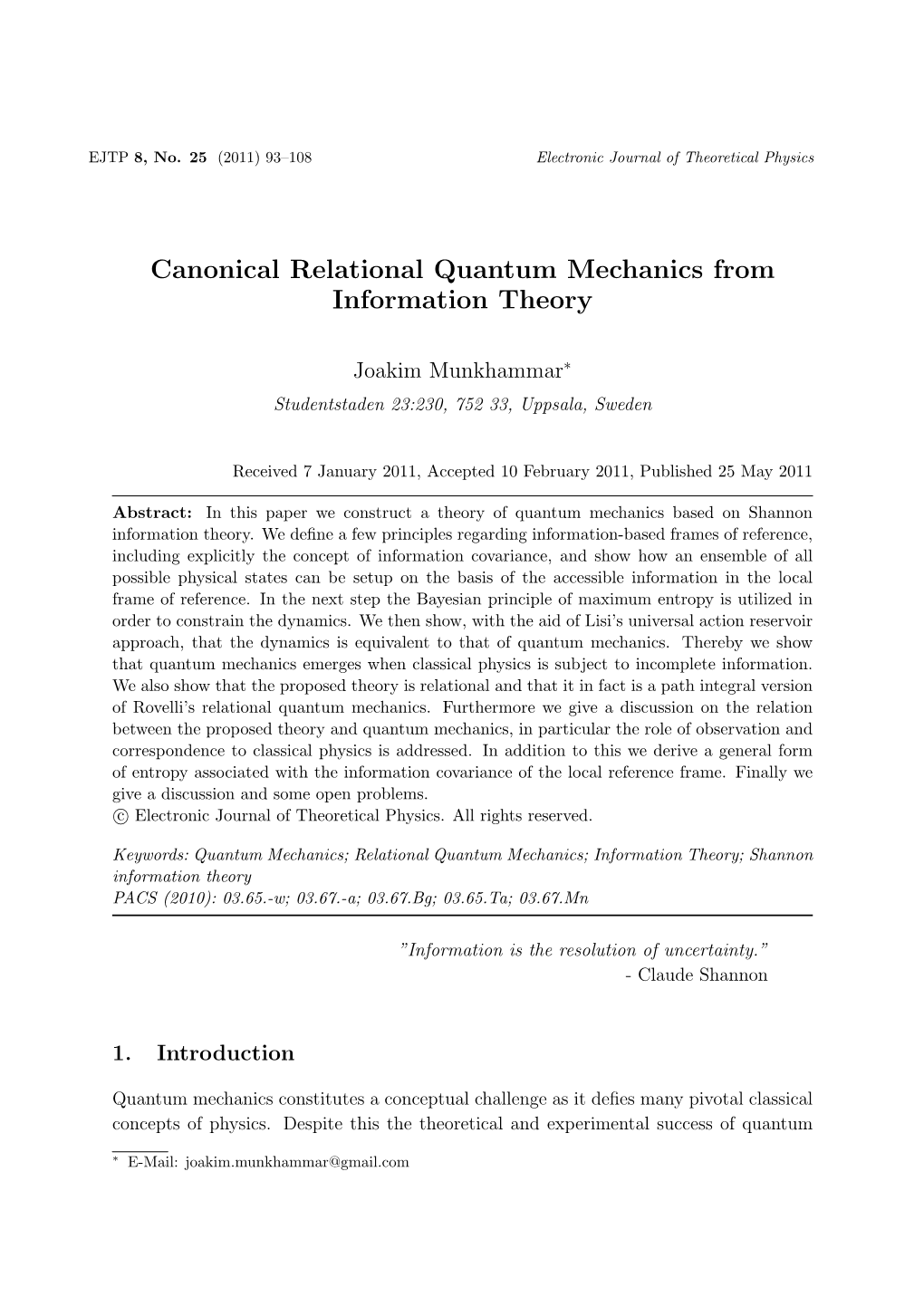 Canonical Relational Quantum Mechanics from Information Theory