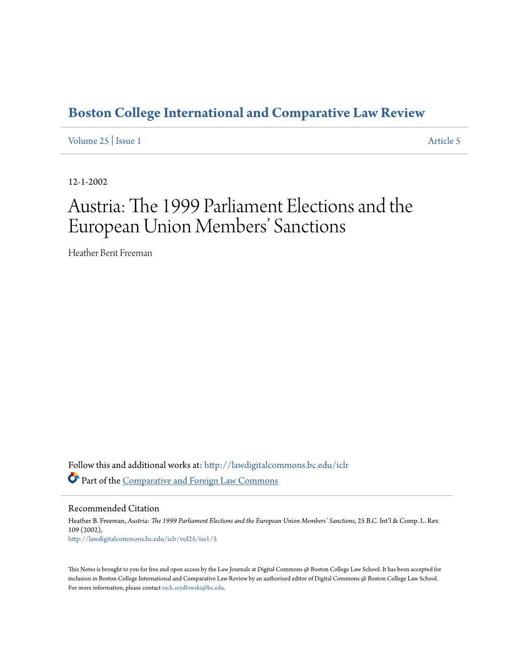 Austria: the 1999 Parliament Elections and the European Union Members’ Sanctions, 25 B.C