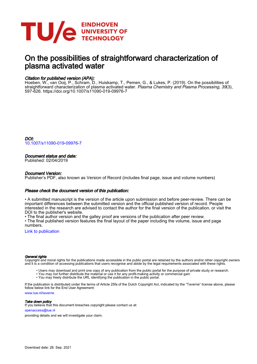 On the Possibilities of Straightforward Characterization of Plasma Activated Water
