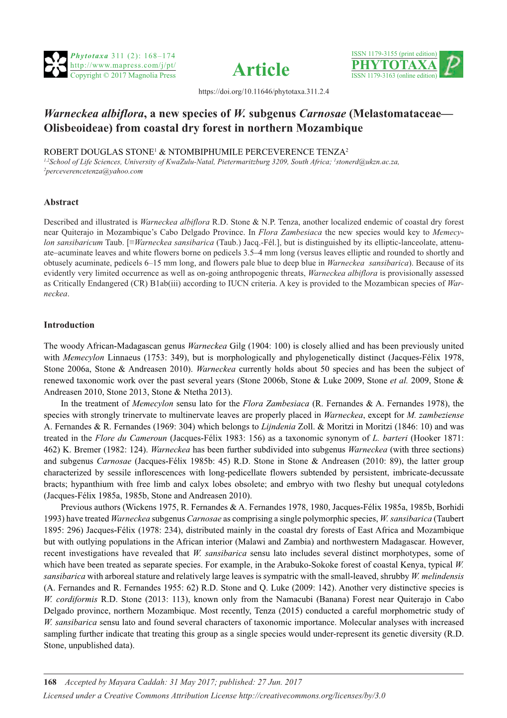 Warneckea Albiflora, a New Species of W. Subgenus Carnosae (Melastomataceae— Olisbeoideae) from Coastal Dry Forest in Northern Mozambique