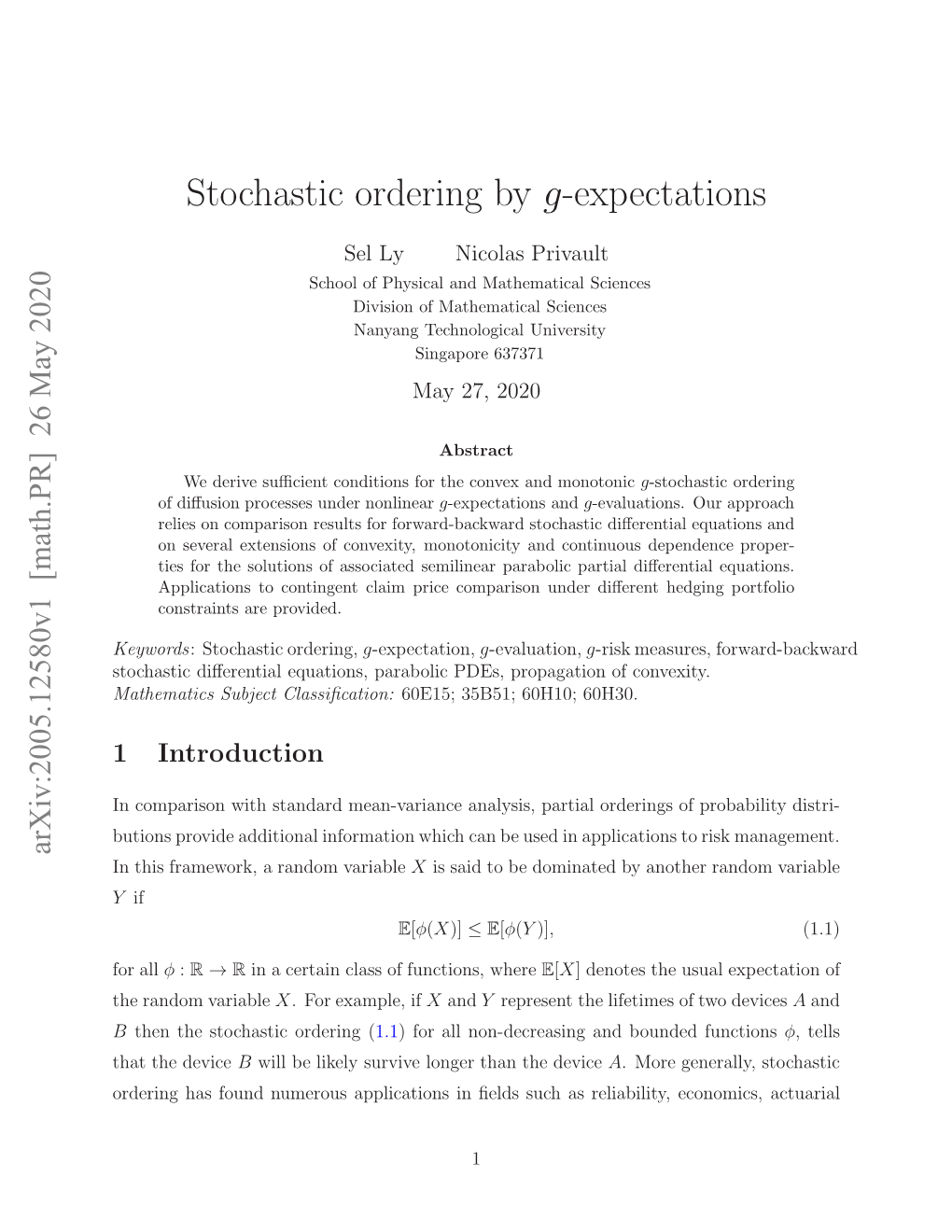 Stochastic Ordering by G-Expectations