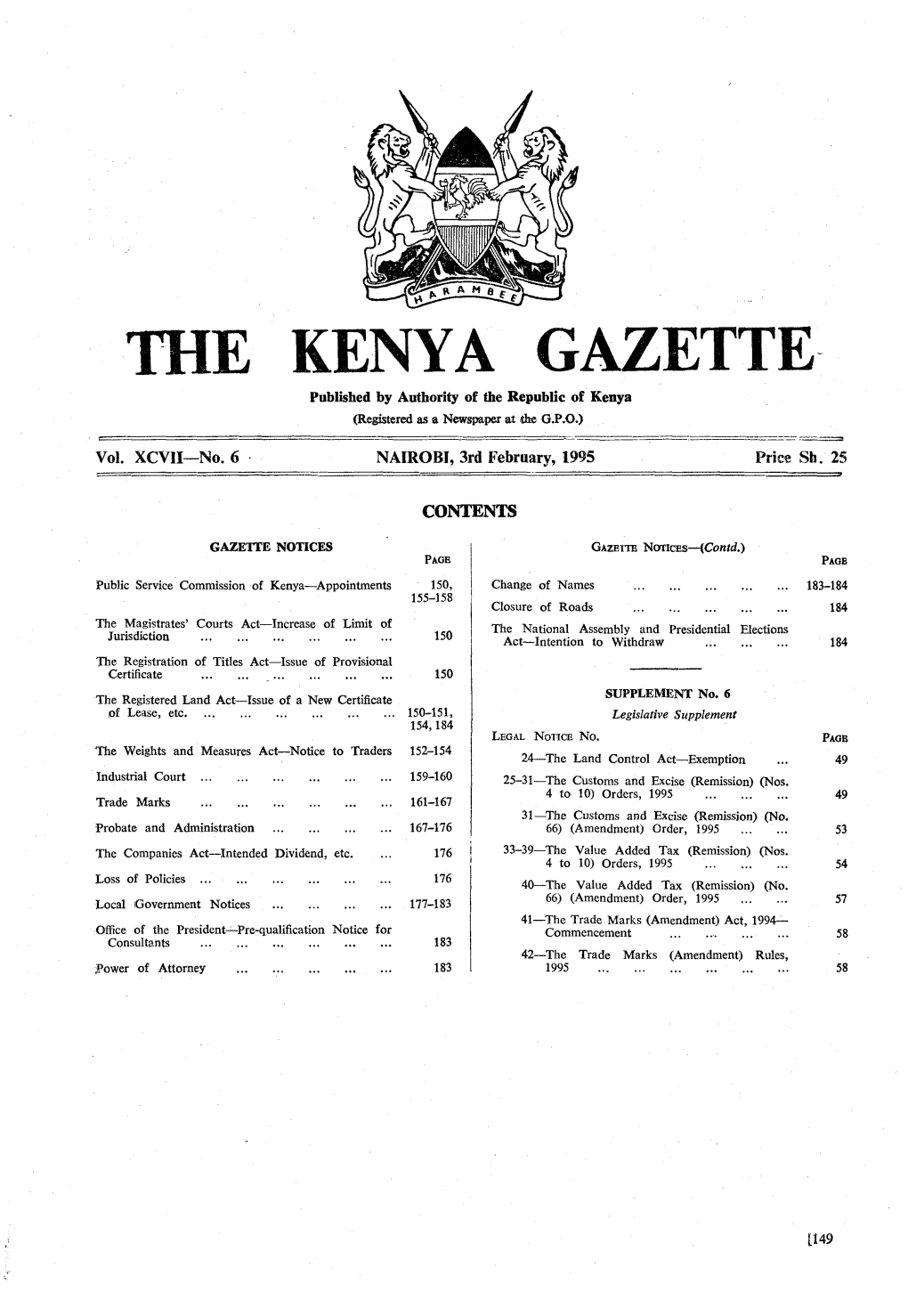 KENYA GAZETTE 3 Rd February, 1995