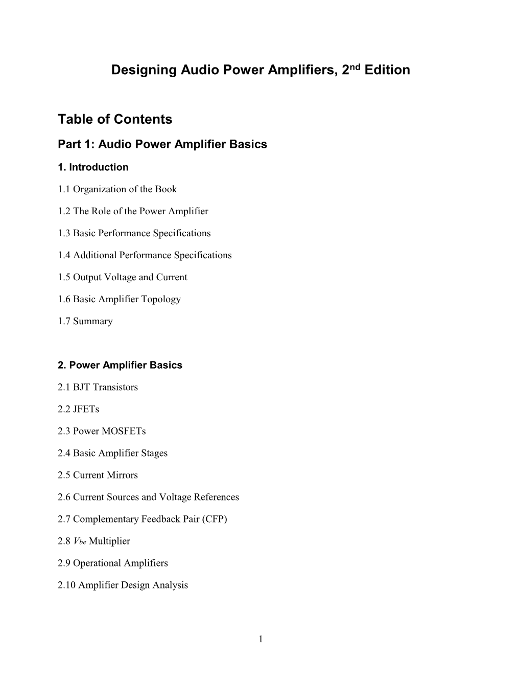 Designing Audio Power Amplifiers, 2Nd Edition Table of Contents