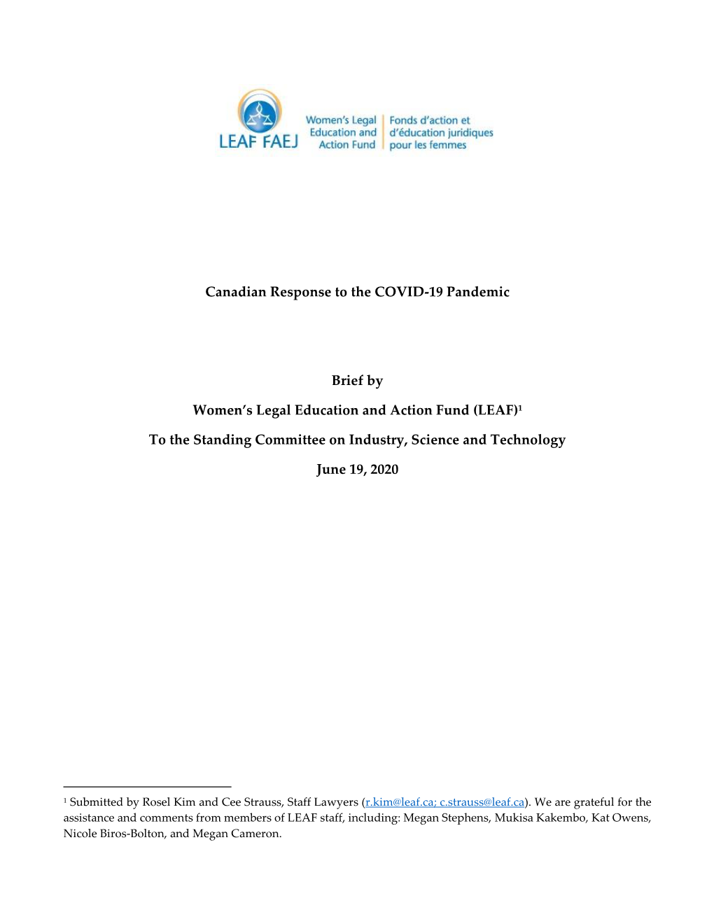 Canadian Response to the COVID-19 Pandemic Brief by Women's Legal Education and Action Fund (LEAF)1 to the Standing Committee