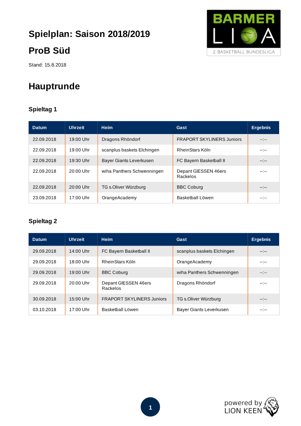 Spielplan: Saison 2018/2019 Prob Süd Hauptrunde