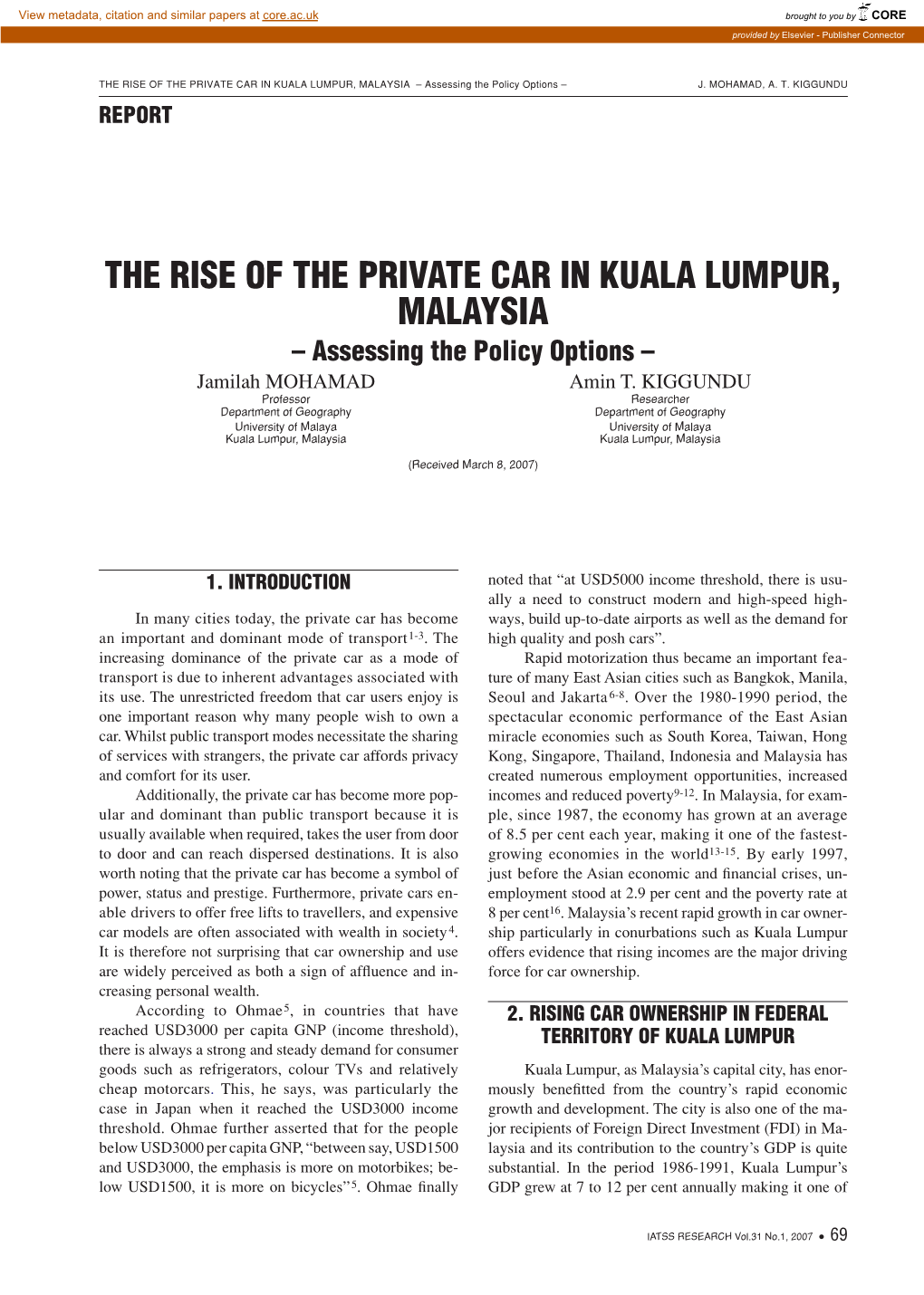 THE RISE of the PRIVATE CAR in KUALA LUMPUR, MALAYSIA – Assessing the Policy Options – J