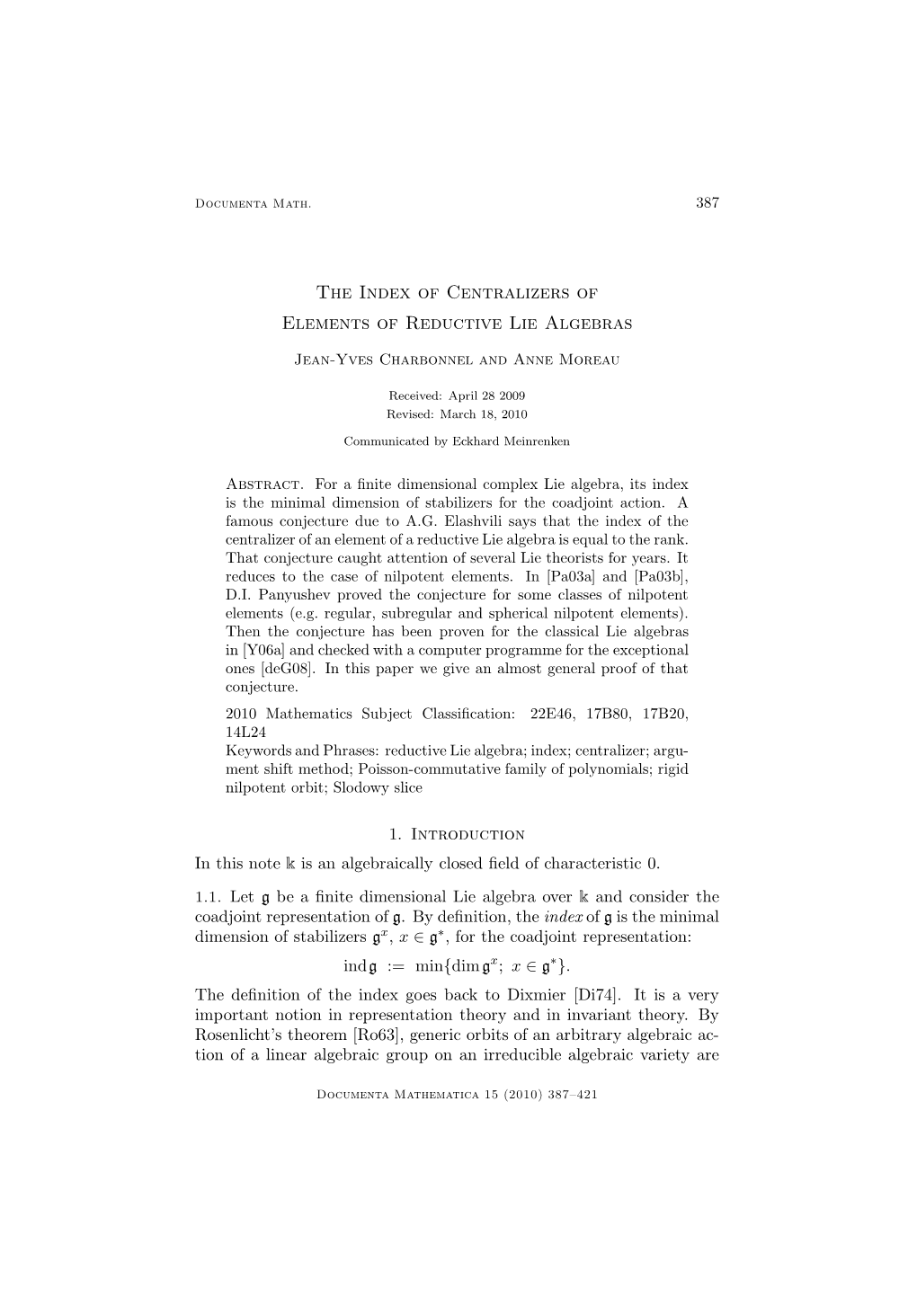 The Index of Centralizers of Elements of Reductive Lie Algebras