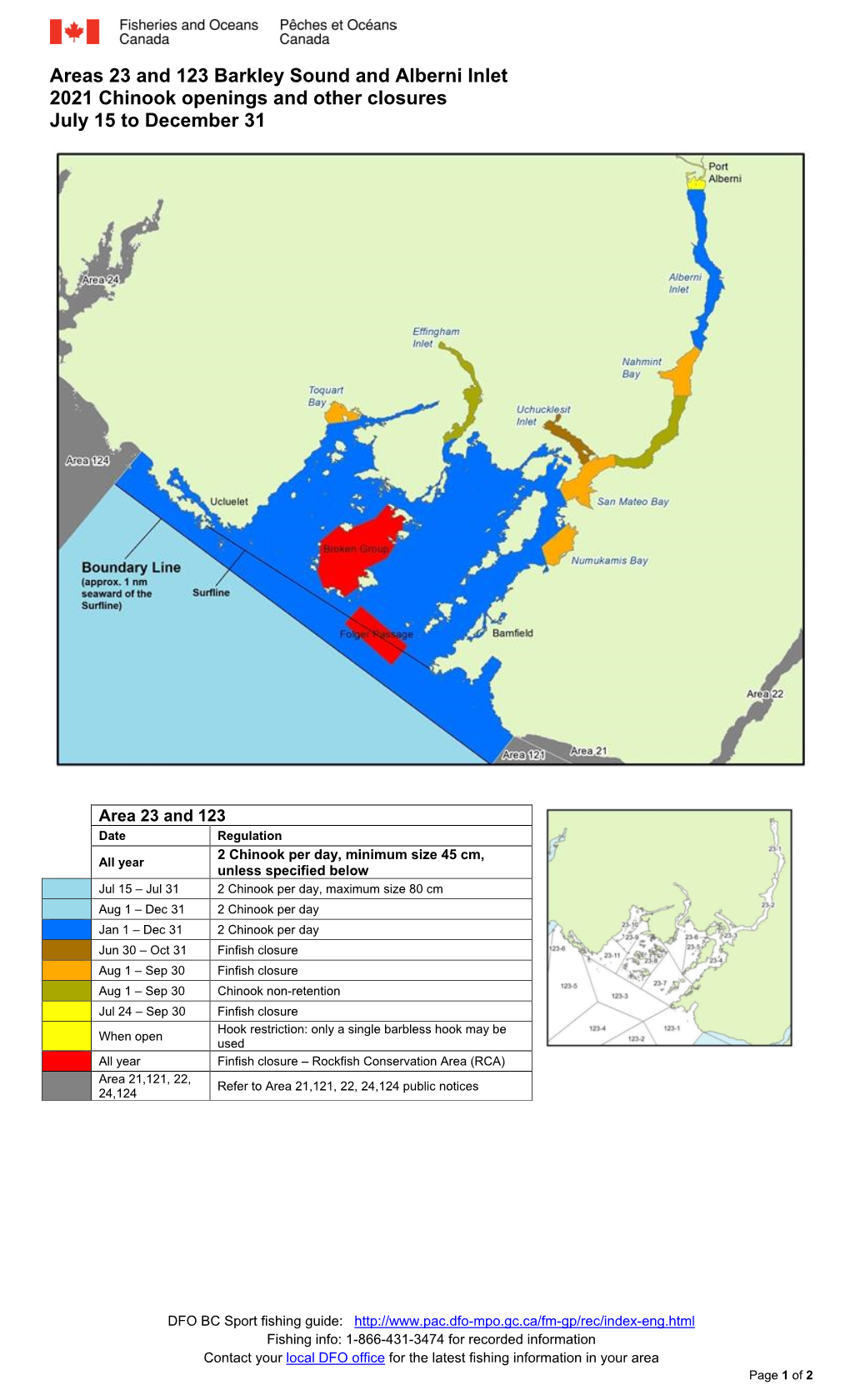 Areas 23 and 123 Barkley Sound and Alberni Inlet 2021 Chinook Openings and Other Closures July 15 to December 31