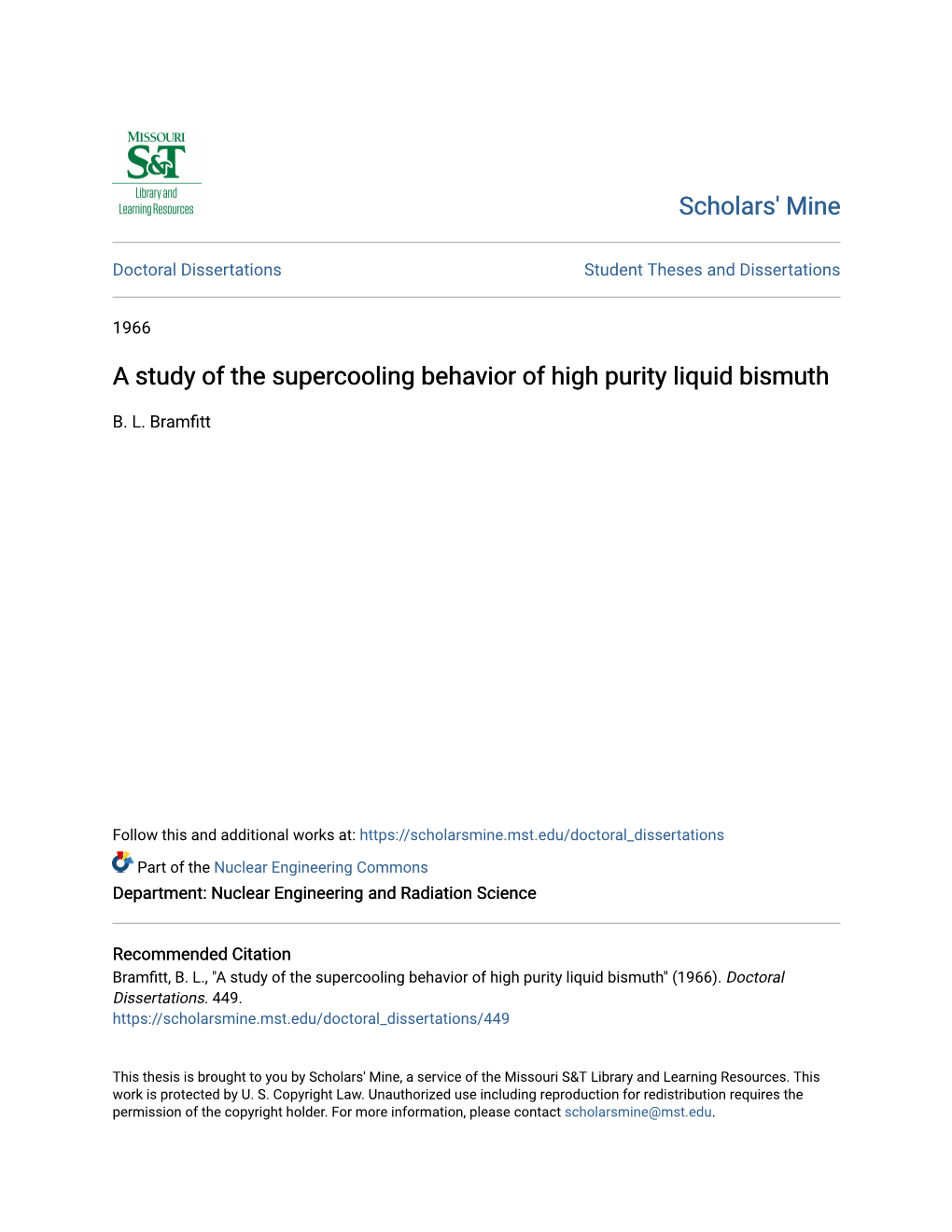 A Study of the Supercooling Behavior of High Purity Liquid Bismuth