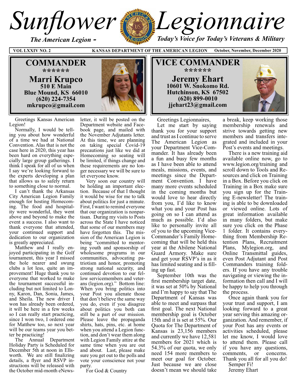 Sunflower Legionnaire the American Legion - Today’S Voice for Today’S Veterans & Military VOL LXXIV NO